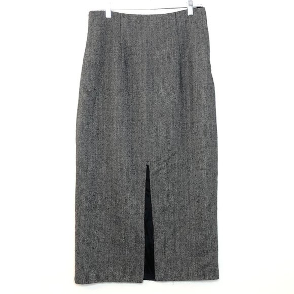 Vintage Other Destination Women's Gray Black Fishbone Wool Maxi Skirt sz 12 DG - Picture 1 of 6